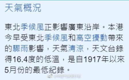 香港天文台低温创百年记录